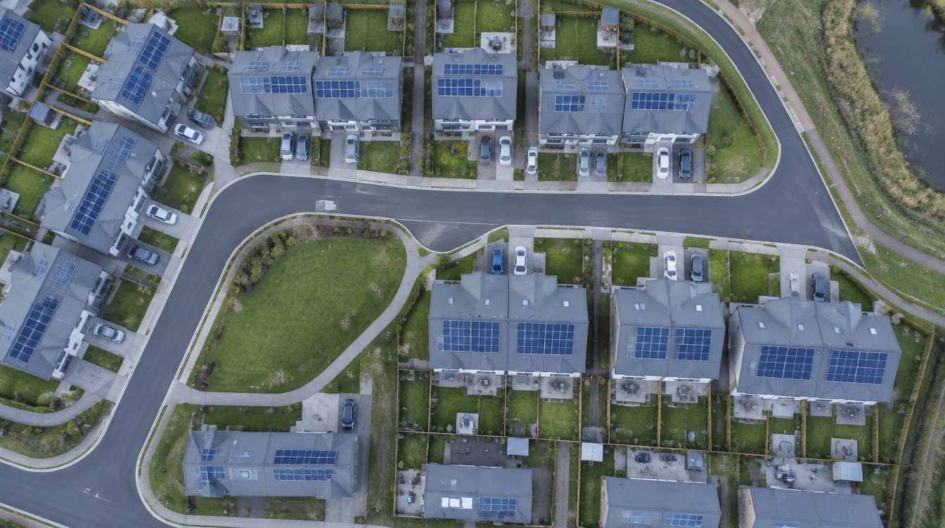 Aerial view of a housing estate with solar panels on the roofs