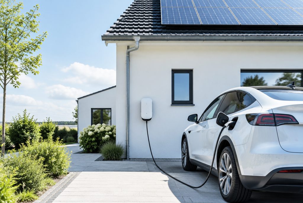 An electric car charging at a house with solar panels