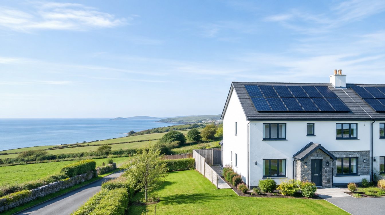 A white house in Ireland with solar panels on the roof, by the sea