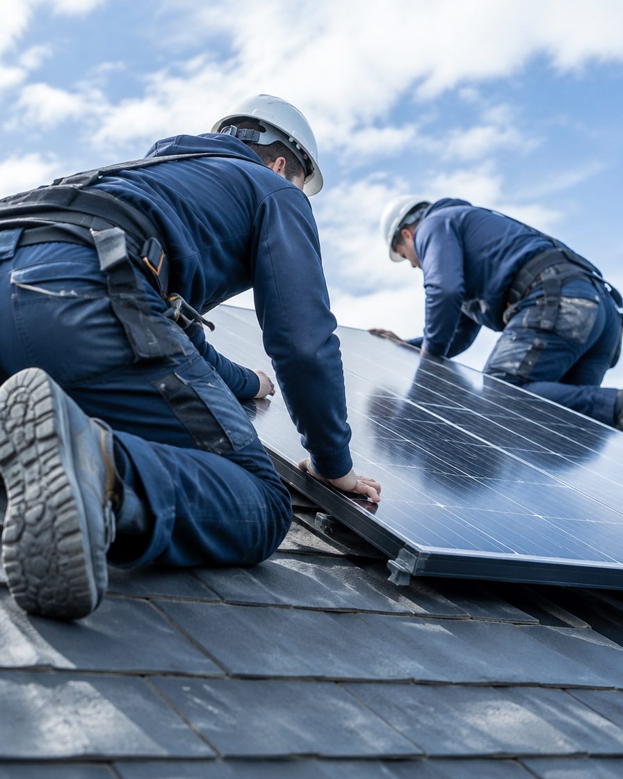 Two installers fitting a solar panel on a slate roof